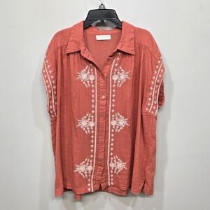 Maison Hotel Peasant Top Shirt XL Embroidered Boho Folk Coral Relaxed Romantic
